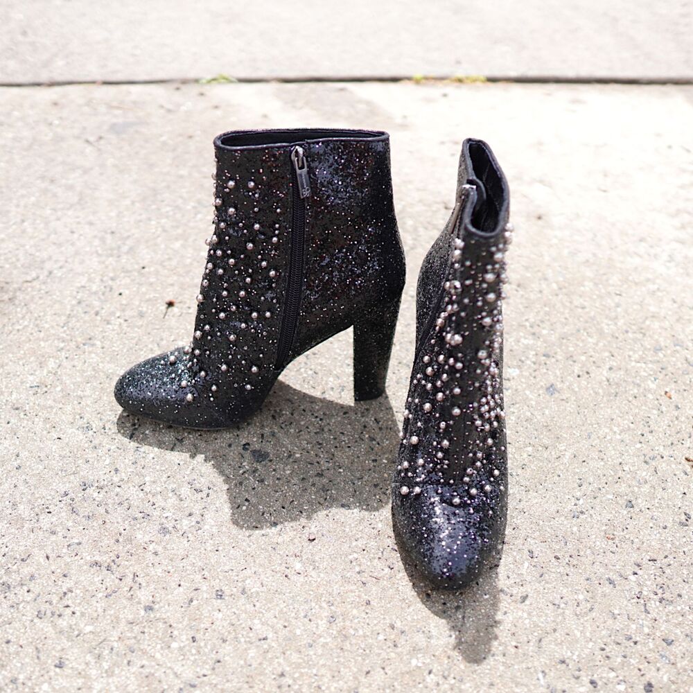 Jessica Simpson Starlite Glitter Pearl Ankle Black Glam Block Heel Booties 8.5M